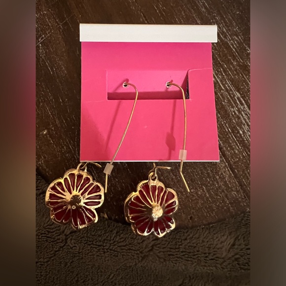 Betsey Johnson Gold and Red Floral Rhinestone Earrings. - Picture 6 of 6